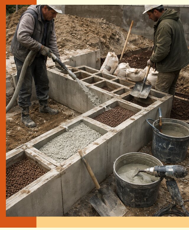 Заполнение полостей фундамента в Кузнецке герметичным утеплением и повышением прочности
